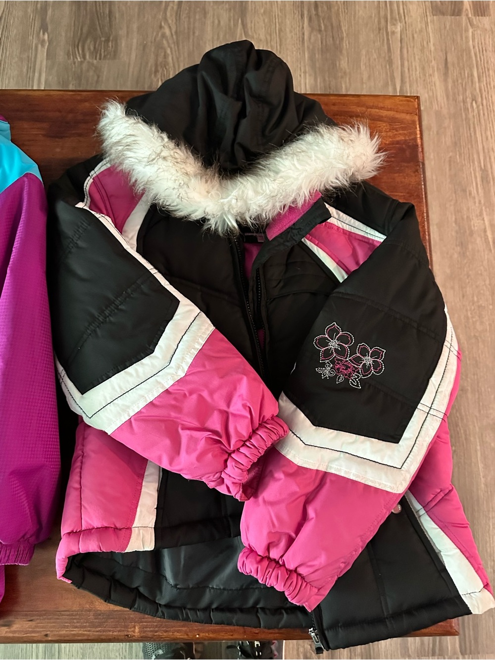 Girls' Pink & Black Insulated Winter Jacket with Faux Fur Hood
